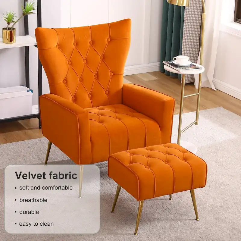 Upholstered Wingback Chair with Matching Ottoman – Gold Legs, Spring Support