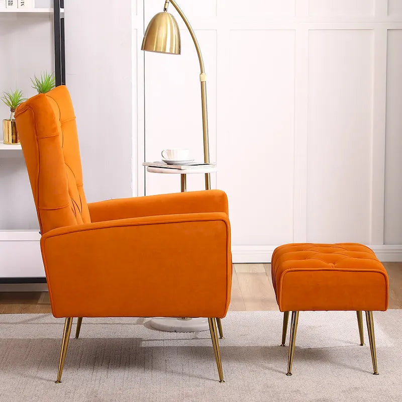 Upholstered Wingback Chair with Matching Ottoman – Gold Legs, Spring Support