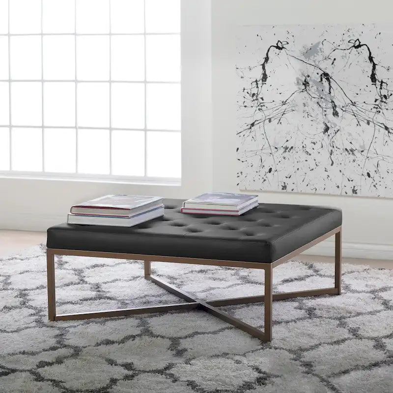 Studio Designs Home Camber Metal and Tufted Leather Large Cocktail Ottoman
