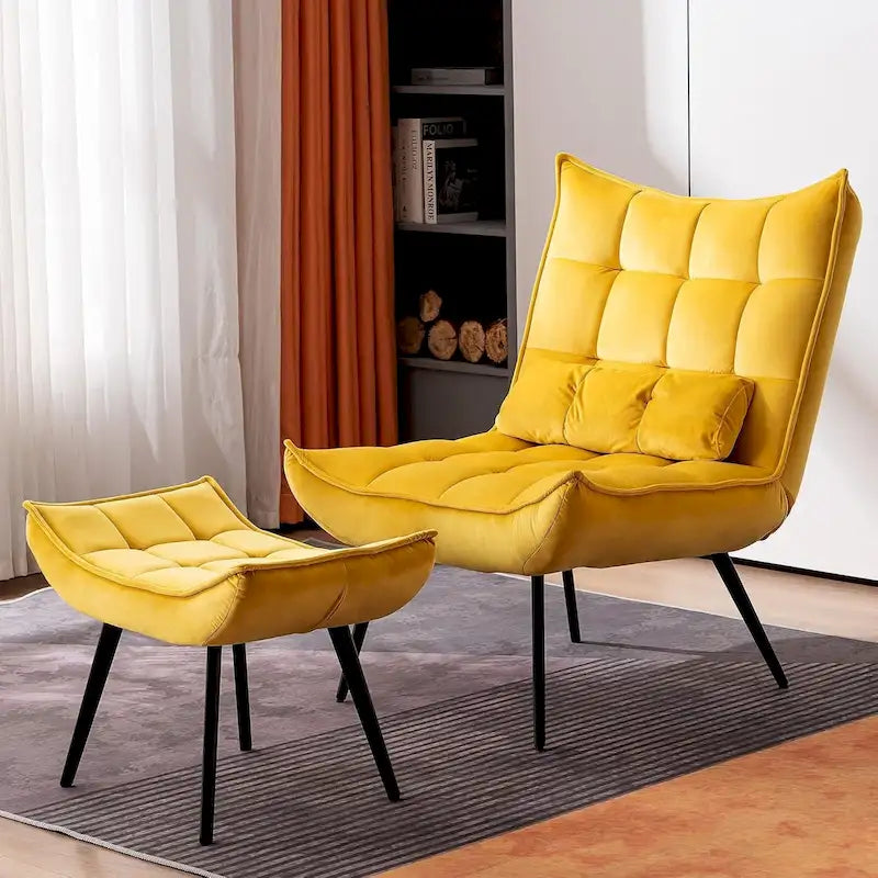 Mcombo Accent Chair with Ottoman, Velvet Tufted Wingback Chair, Upholstered Chairs with Metal Legs for Bedroom Living Room 4079