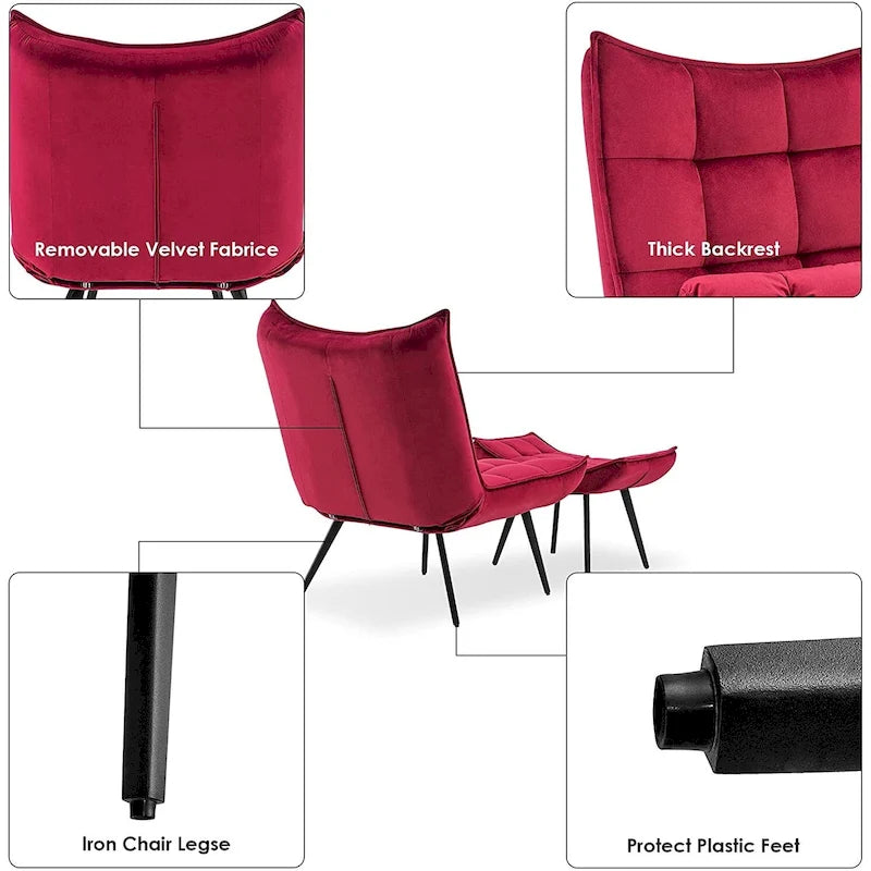 Mcombo Accent Chair with Ottoman, Velvet Tufted Wingback Chair, Upholstered Chairs with Metal Legs for Bedroom Living Room 4079