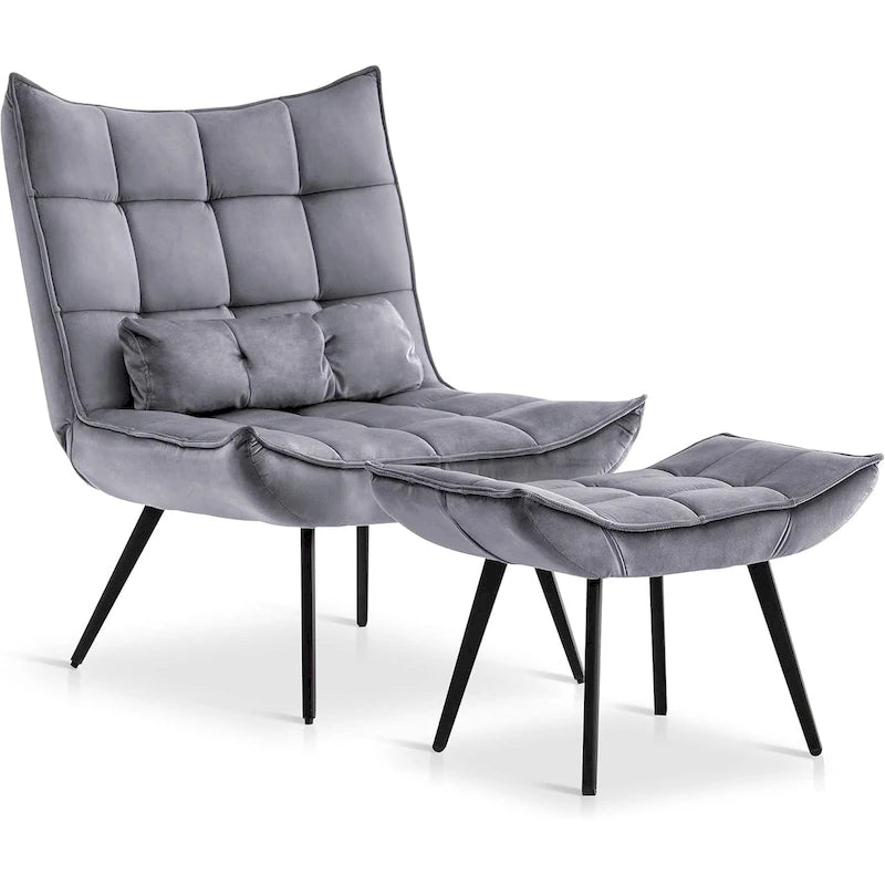 Mcombo Accent Chair with Ottoman, Velvet Tufted Wingback Chair, Upholstered Chairs with Metal Legs for Bedroom Living Room 4079
