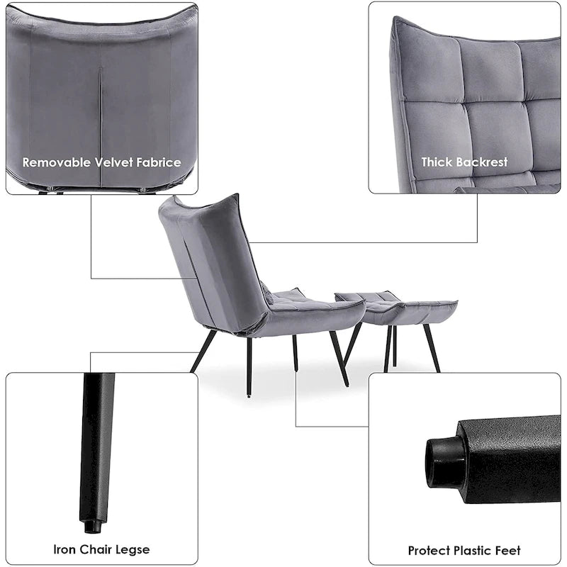 Mcombo Accent Chair with Ottoman, Velvet Tufted Wingback Chair, Upholstered Chairs with Metal Legs for Bedroom Living Room 4079