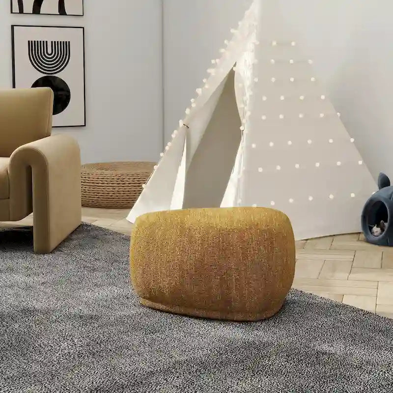 Pebble 26" Rounded Triangle Cocktail Ottoman – Mustard Yellow Tweed, 250 lb Capacity