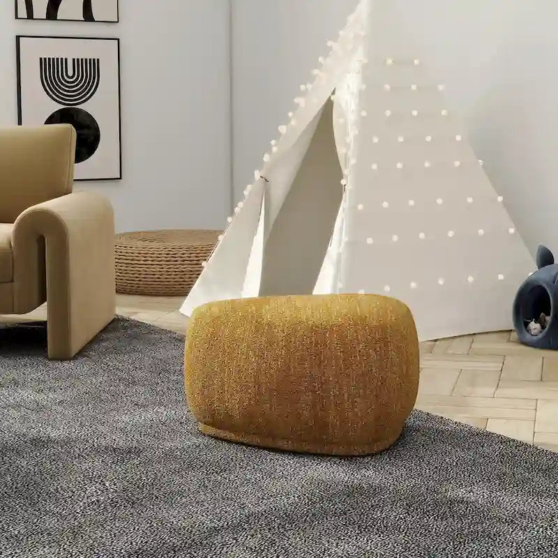 Pebble 26" Rounded Triangle Cocktail Ottoman – Mustard Yellow Tweed, 250 lb Capacity