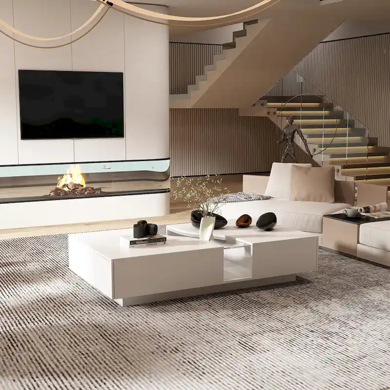 Modern LED-Lit Coffee Table with Tempered Glass Top & 2 Drawers – 7-Color LED