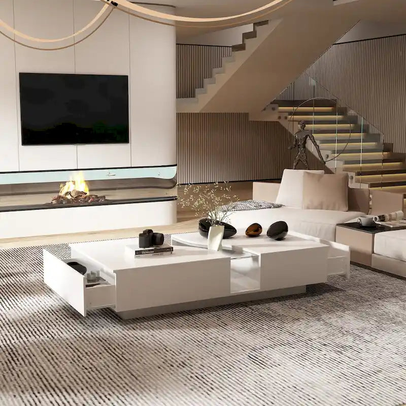 Modern LED-Lit Coffee Table with Tempered Glass Top & 2 Drawers – 7-Color LED