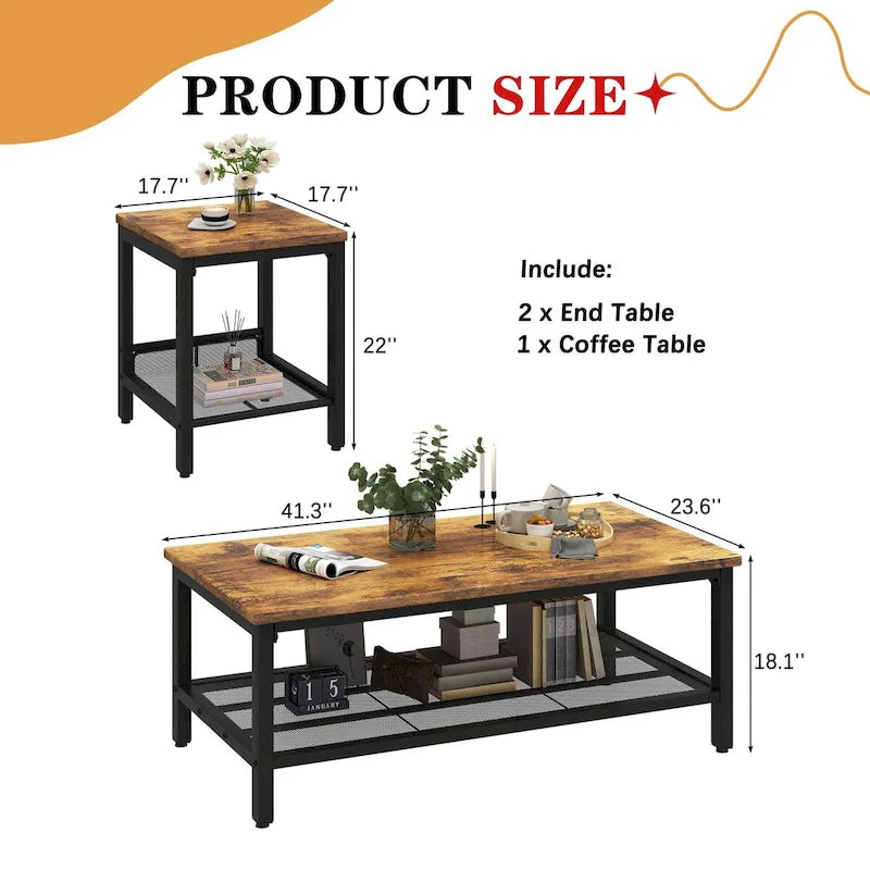 Coffee Table Set of 3, Coffee Table with 2 Square End Side Tables, Living Room Table Set for Home Office