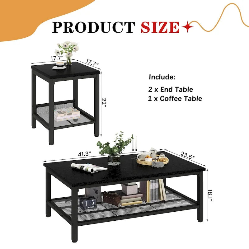 Coffee Table Set of 3, Coffee Table with 2 Square End Side Tables, Living Room Table Set for Home Office