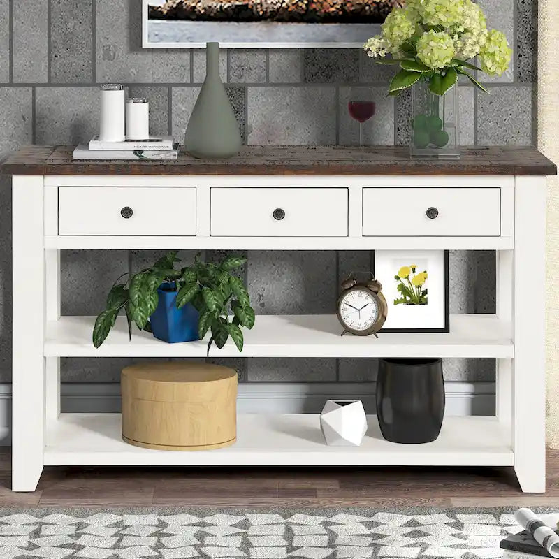 Modern Solid Pine Wood Top Console Table with 3 Drawers and 2 Shelves