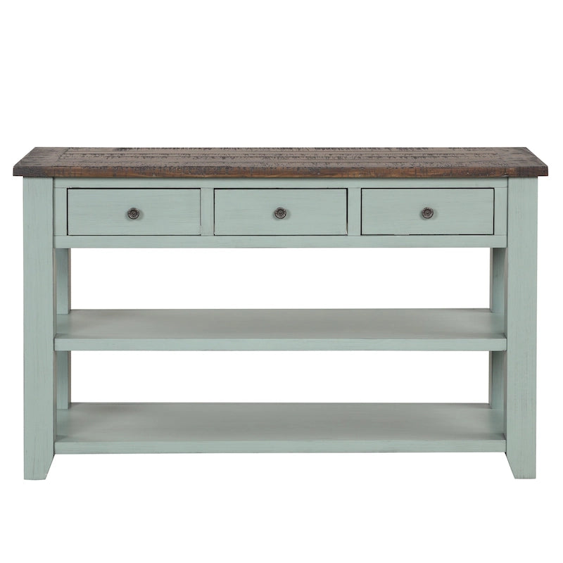 Modern Solid Pine Wood Top Console Table with 3 Drawers and 2 Shelves