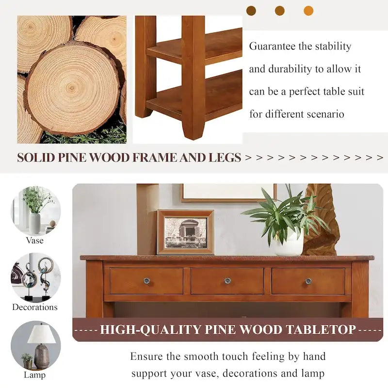 Modern Solid Pine Wood Top Console Table with 3 Drawers and 2 Shelves