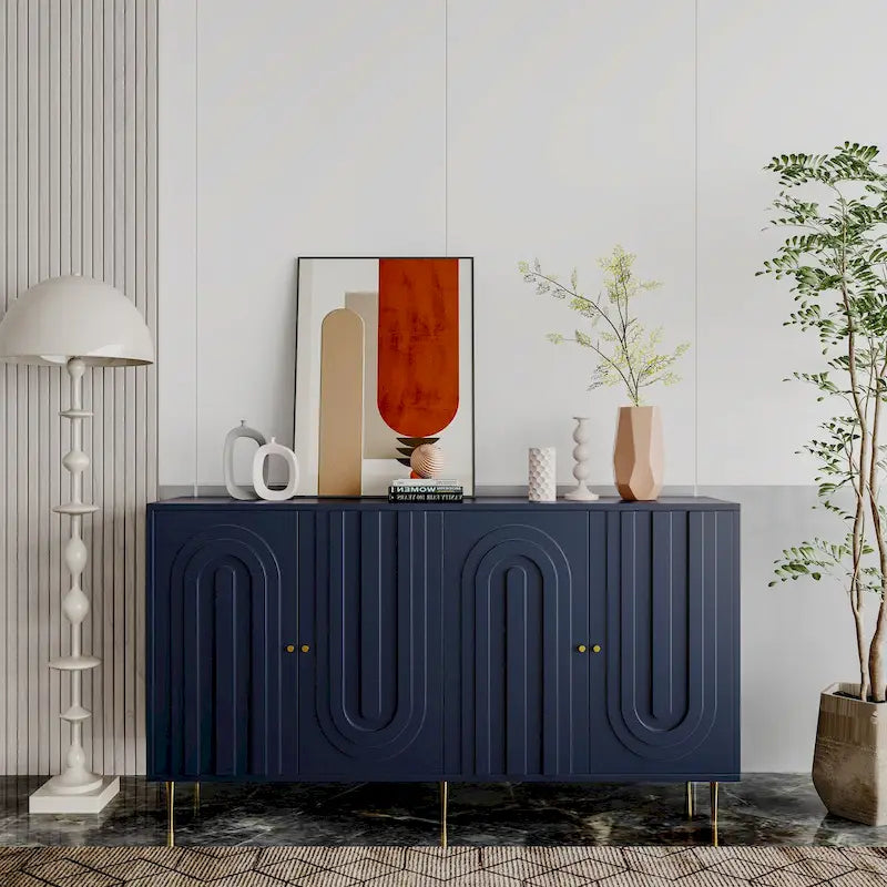 60-in Modern Blue/ Grey Lacquered 4 Door Wooden Sideboard Buffet Server Accent Storage Cabinet