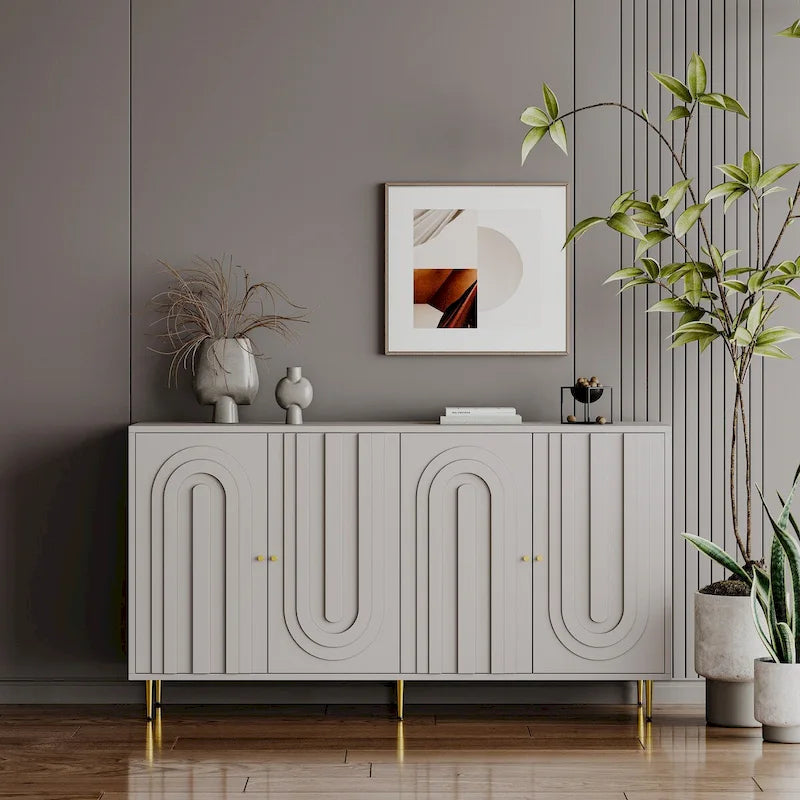 60-in Modern Blue/ Grey Lacquered 4 Door Wooden Sideboard Buffet Server Accent Storage Cabinet