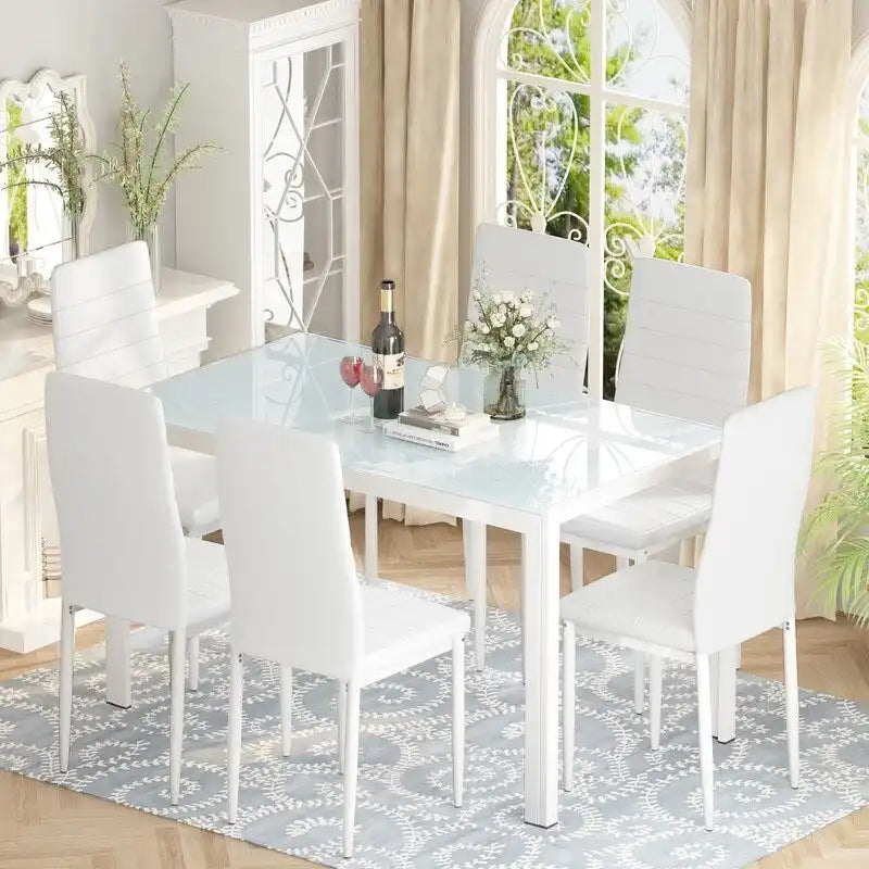 Grondin Modern Style 7-Piece Dining Room Table Set with Tempered Glass Tabletop and 6 PU Leather Upholstered Chairs