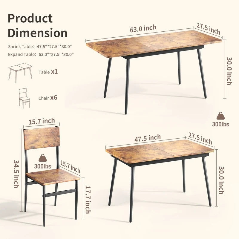 7 Piece Industrial Dining Table Set for Kitchen with 6 Chairs Longboard Backrest