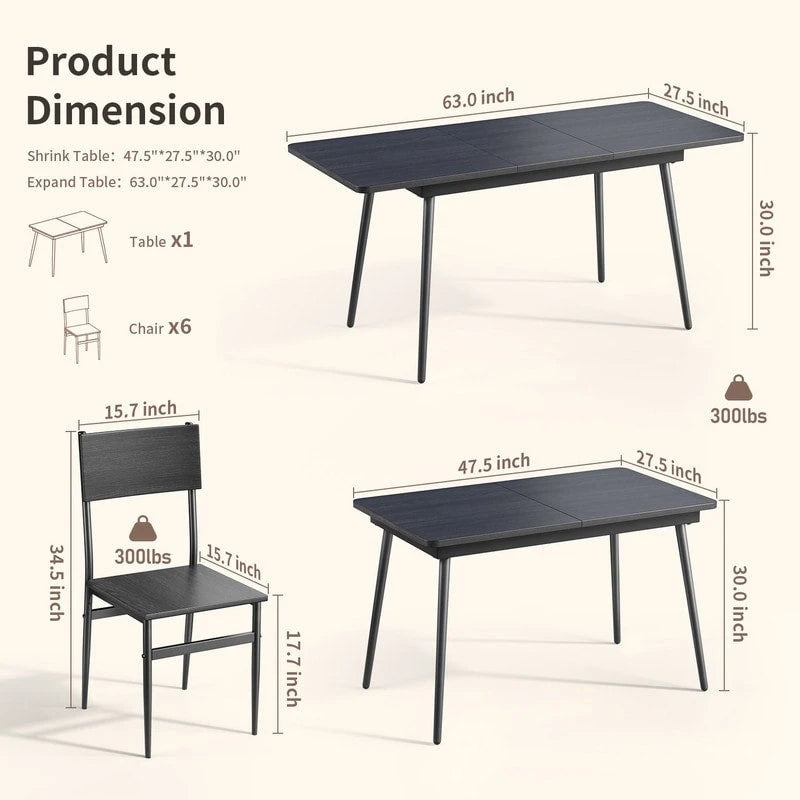 7 Piece Industrial Dining Table Set for Kitchen with 6 Chairs Longboard Backrest
