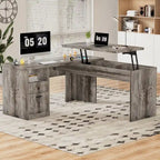 Modern Farmhouse Lift Top L-Shaped Desk with Charge Station, Corner Desk with File Drawers for Home Office