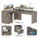 Modern Farmhouse Lift Top L-Shaped Desk with Charge Station, Corner Desk with File Drawers for Home Office