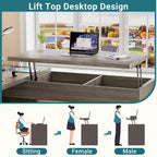 Modern Farmhouse Lift Top L-Shaped Desk with Charge Station, Corner Desk with File Drawers for Home Office