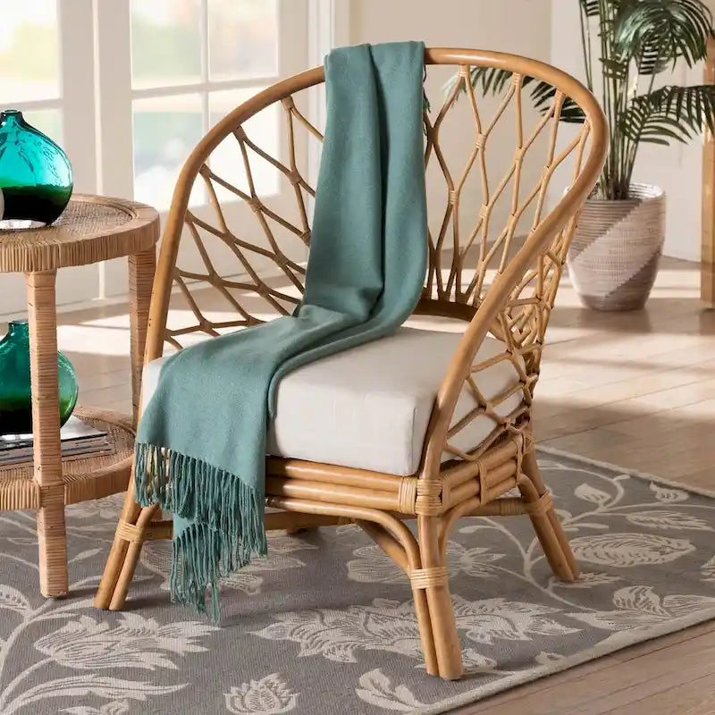 Bohemian Honey Rattan Accent Chair – Handcrafted, Removable Cushion