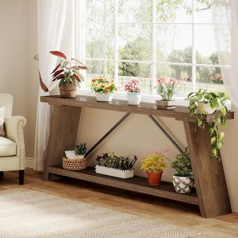 70.9 Inches Long Rustic Wood Console Sofa Table with Storage Shelf