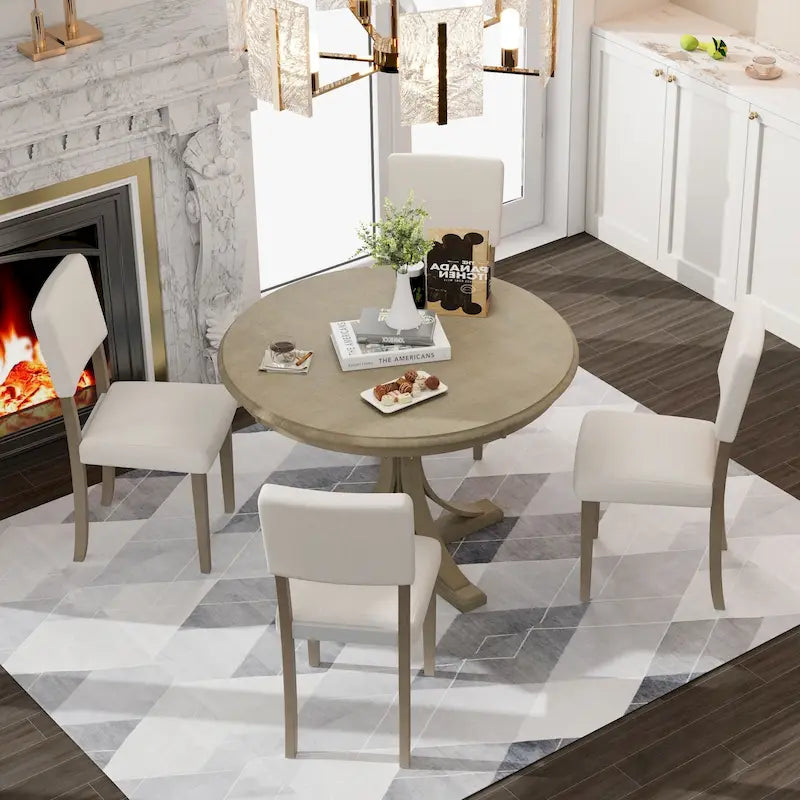 5-Piece Round Dining Table Set with Curved Trestle Style Table Legs and 4 Chairs