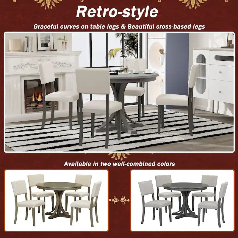5-Piece Round Dining Table Set with Curved Trestle Style Table Legs and 4 Chairs