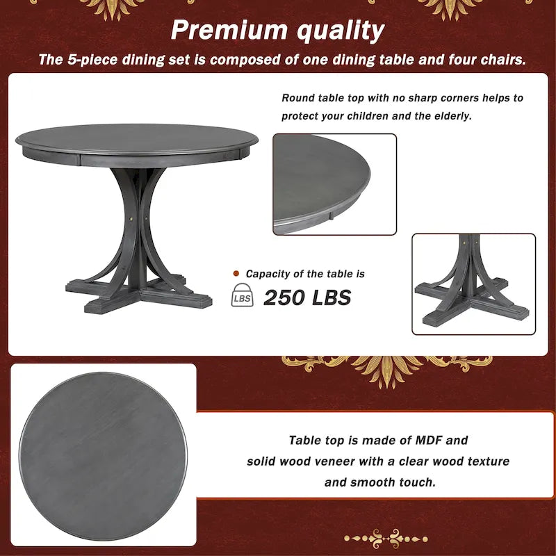 5-Piece Round Dining Table Set with Curved Trestle Style Table Legs and 4 Chairs