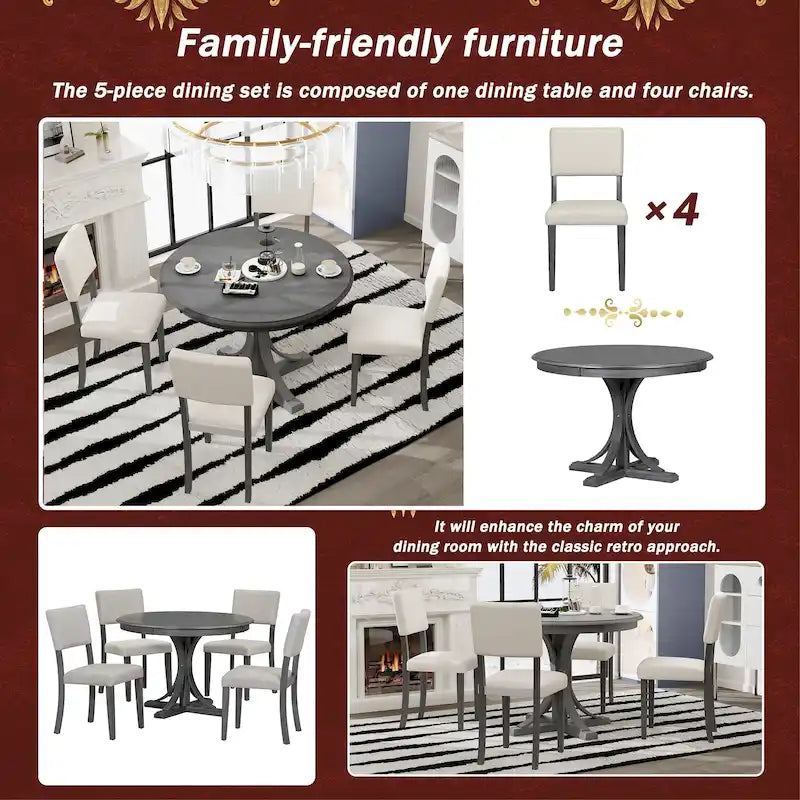 5-Piece Round Dining Table Set with Curved Trestle Style Table Legs and 4 Chairs