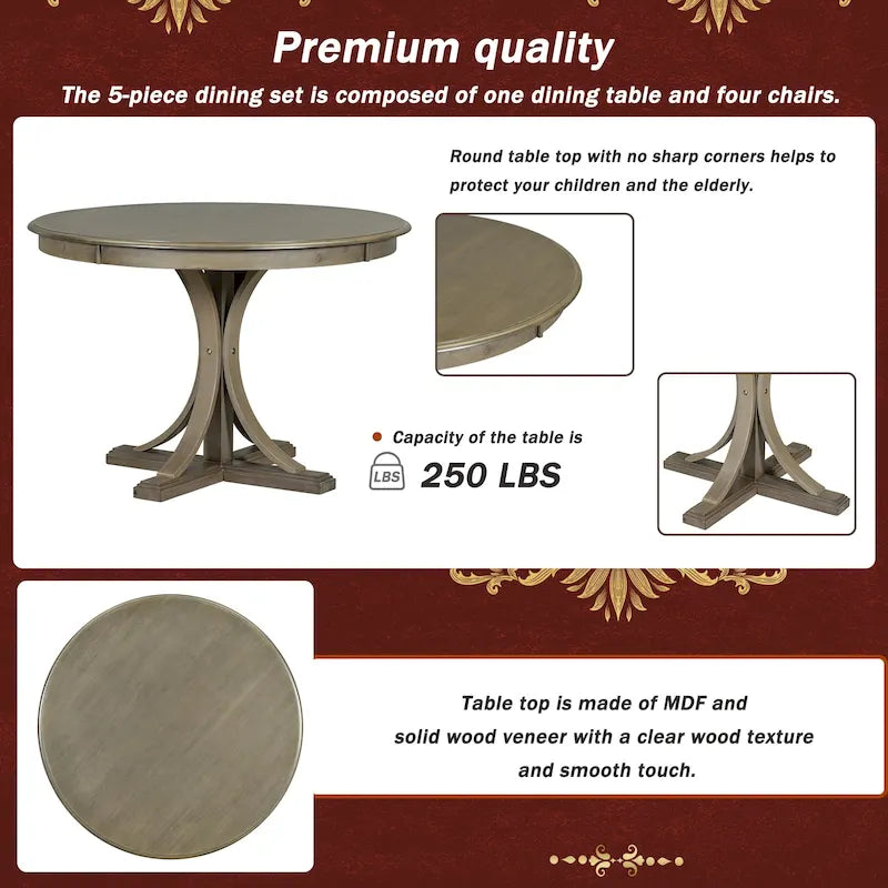 5-Piece Round Dining Table Set with Curved Trestle Style Table Legs and 4 Chairs