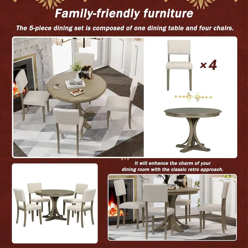 5-Piece Round Dining Table Set with Curved Trestle Style Table Legs and 4 Chairs