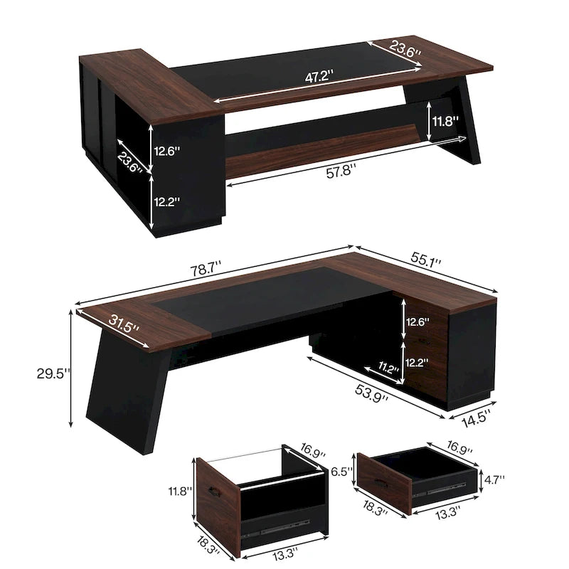 78.7-inch L Shaped Executive Desk with Drawers and Lateral File Cabinet