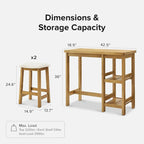 Kelly Solid Wood Counter Table Set with 2 Boucle Stools, 3-piece Dining Set, Small Kitchen Island with Storage Shelves