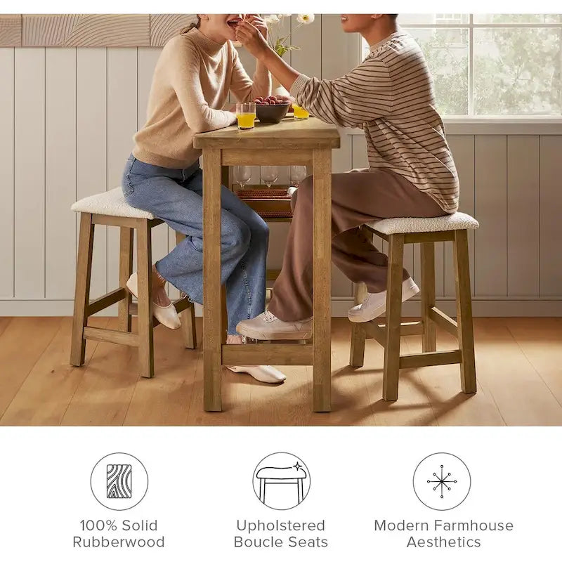 Kelly Solid Wood Counter Table Set with 2 Boucle Stools, 3-piece Dining Set, Small Kitchen Island with Storage Shelves