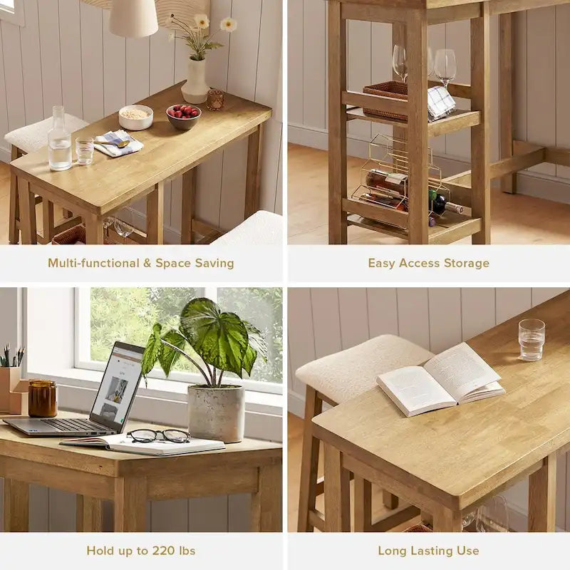 Kelly Solid Wood Counter Table Set with 2 Boucle Stools, 3-piece Dining Set, Small Kitchen Island with Storage Shelves