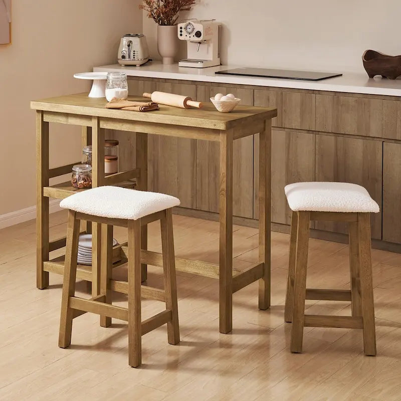 Kelly Solid Wood Counter Table Set with 2 Boucle Stools, 3-piece Dining Set, Small Kitchen Island with Storage Shelves