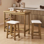 Kelly Solid Wood Counter Table Set with 2 Boucle Stools, 3-piece Dining Set, Small Kitchen Island with Storage Shelves