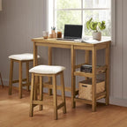 Kelly Solid Wood Counter Table Set with 2 Boucle Stools, 3-piece Dining Set, Small Kitchen Island with Storage Shelves
