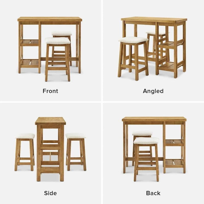 Kelly Solid Wood Counter Table Set with 2 Boucle Stools, 3-piece Dining Set, Small Kitchen Island with Storage Shelves