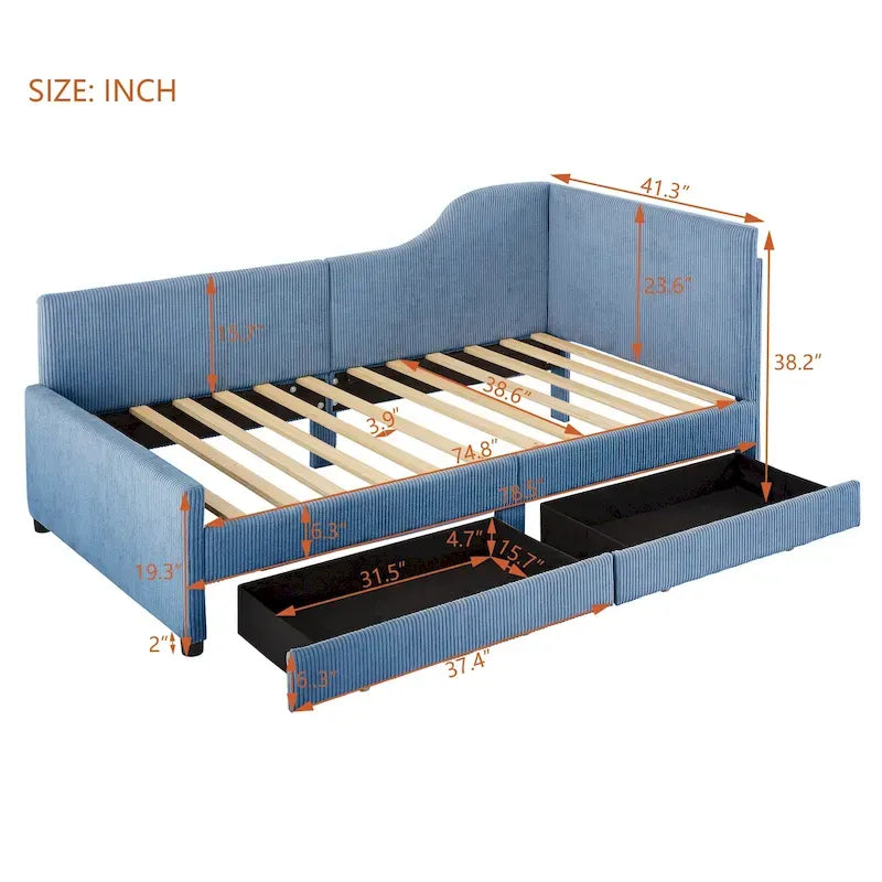Twin Size Upholstered Corduroy Daybed with Drawers