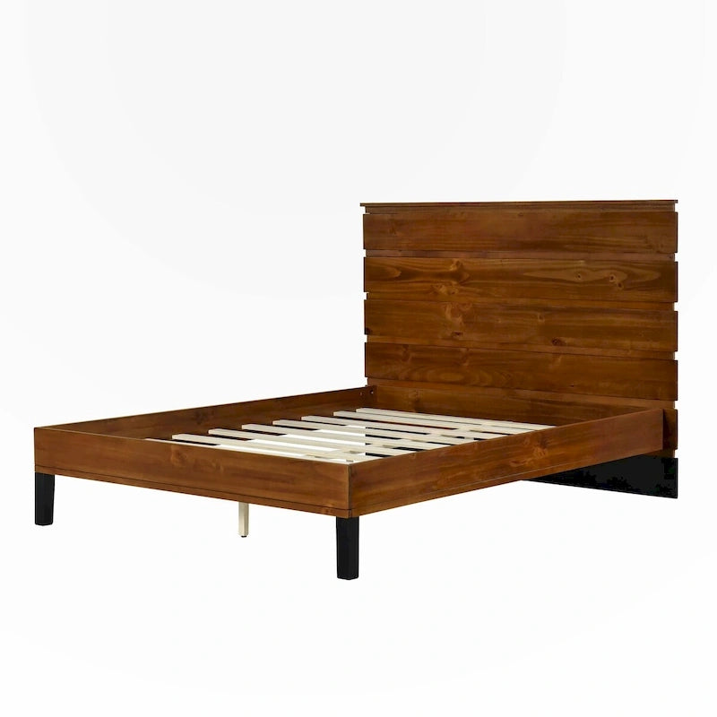 Queen Size Solid Wood Platform Bed with Six-Piece Headboard