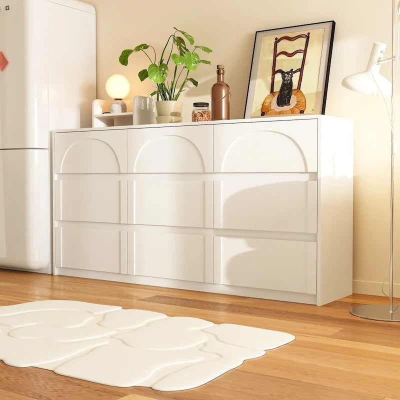 White Storage Dresser with 6 Drawers for Bedroom Dining, and Kitchen
