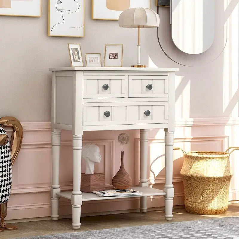 23.7 Farmhouse Solid Wood Console Table with 3 Drawers and Bottom Shelf
