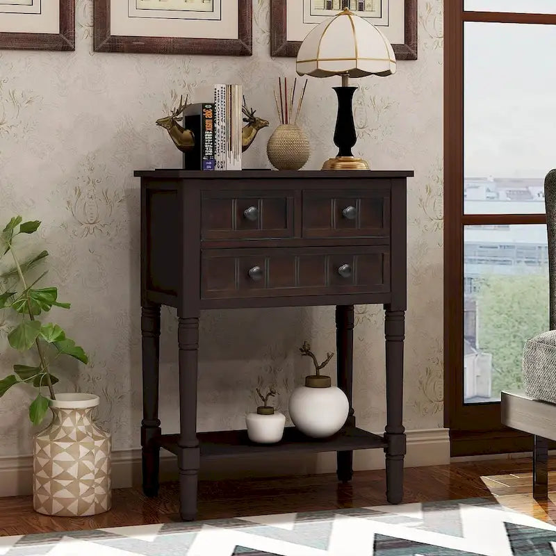 23.7 Farmhouse Solid Wood Console Table with 3 Drawers and Bottom Shelf