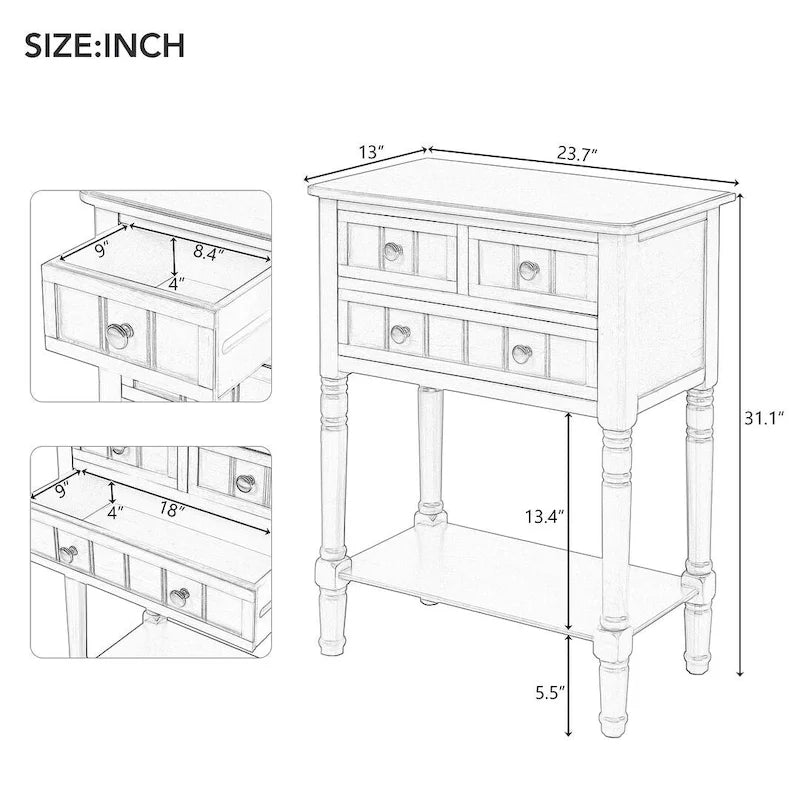 23.7 Farmhouse Solid Wood Console Table with 3 Drawers and Bottom Shelf