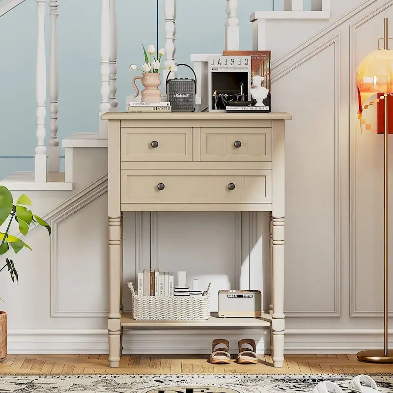 23.7 Farmhouse Solid Wood Console Table with 3 Drawers and Bottom Shelf