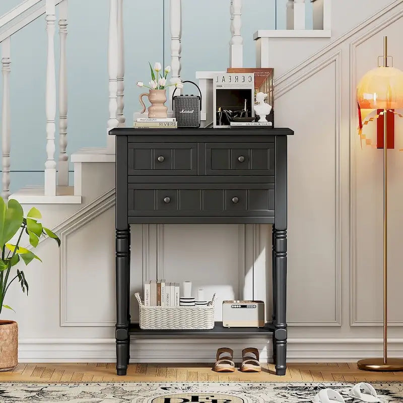23.7 Farmhouse Solid Wood Console Table with 3 Drawers and Bottom Shelf