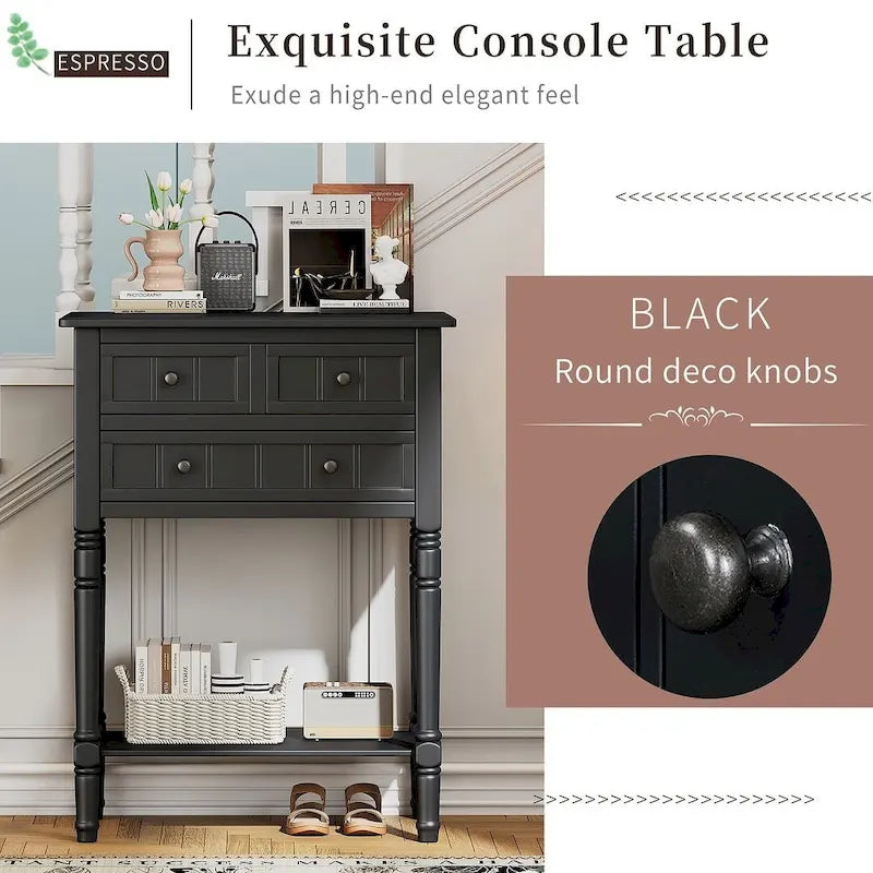 23.7 Farmhouse Solid Wood Console Table with 3 Drawers and Bottom Shelf