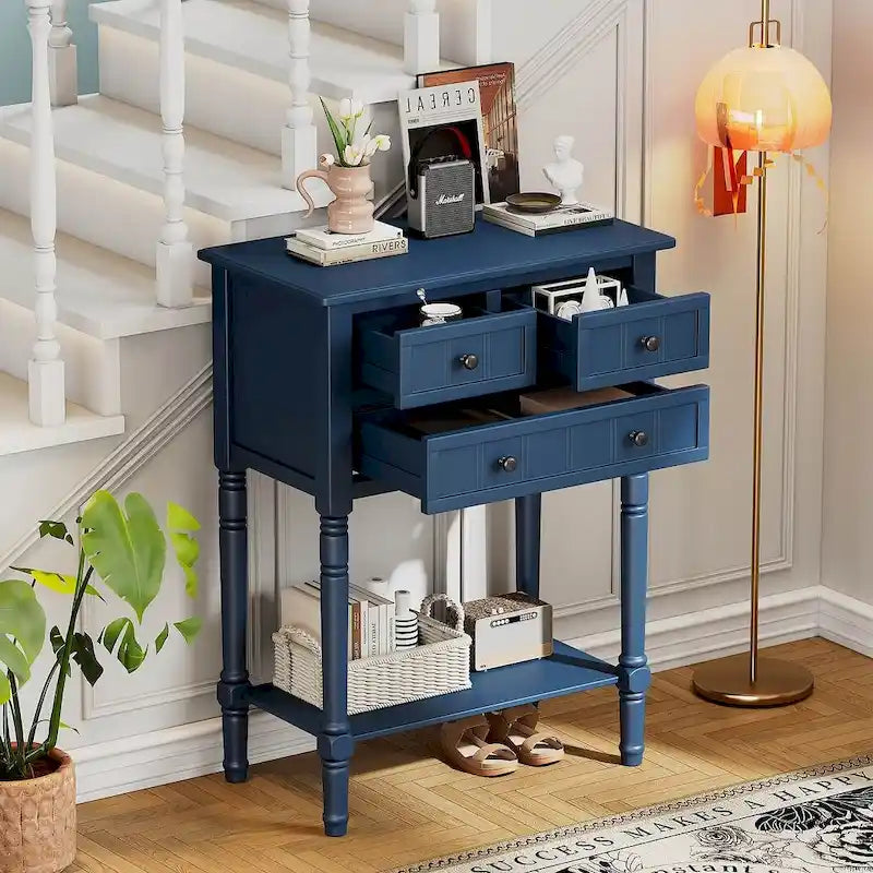 23.7 Farmhouse Solid Wood Console Table with 3 Drawers and Bottom Shelf